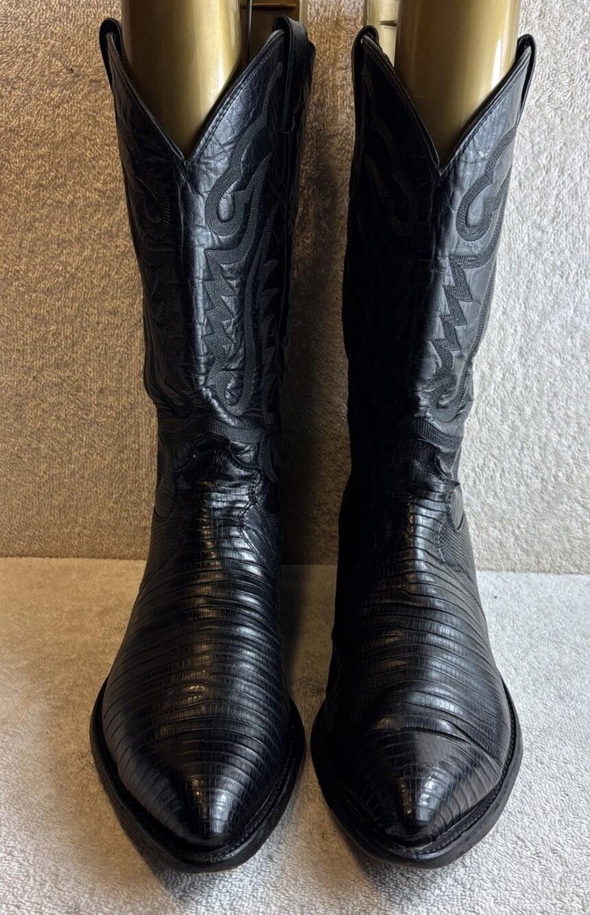VTG Justin 8105 Black Teju Lizard Cowboy Boots USA made Size 12 EE